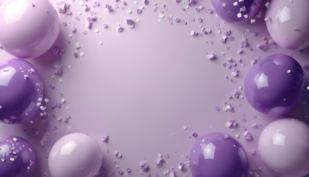 Purple balloons and scattered confetti on a light purple background with ample copy space. Festive celebration concept, perfect for birthday announcements, party invitations, or holiday greetings.