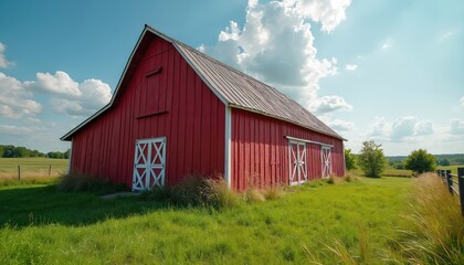 Obraz premium Classic red barn with white trim stands in green rural landscape under bright blue sky with white clouds. Traditional American farmhouse evokes feelings of nostalgia, simplicity, agricultural
