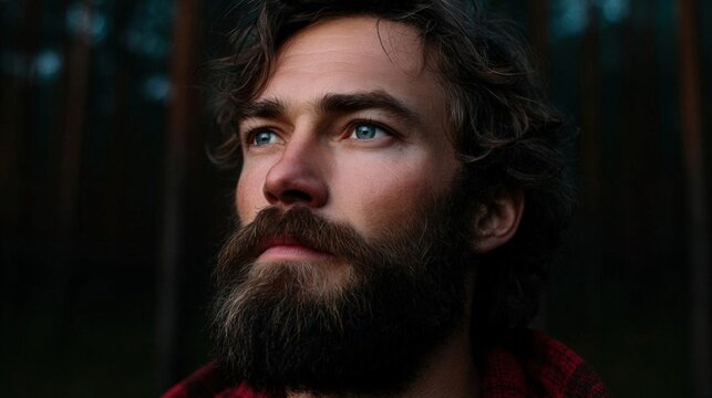 Close-up portrait of a man's face. he has a full beard and mustache, and his hair is styled in loose curls. he is looking up towards the sky with a thoughtful expression on his face.