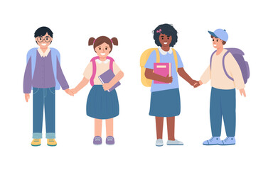 Fototapeta premium Primary or elementary students, children with books and school bags. Smiling pupils boys and girls, classmates or friends on white background. Vector illustration.