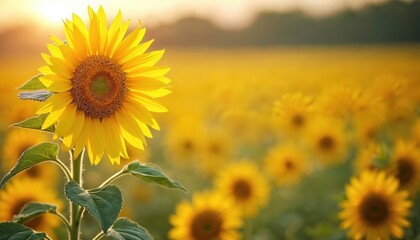 Obraz premium Close-up of vibrant sunflower in vast field under warm glow of summer sunlight. Horizontal banner beauty of agriculture, sunny sunflower crop ideal for themes of harvest, food, nature.