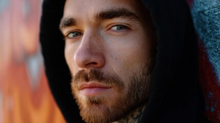 Close-up portrait of a young man's face. he is looking directly at the camera with a serious expression. he has a beard and mustache and is wearing a black hoodie.
