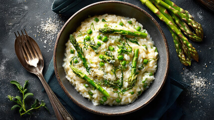 Creamy risotto with green asparagus on a dark textured background, with a fork on spoon