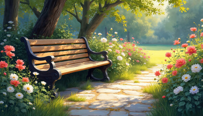 Tranquil garden scene oil painting. Wooden bench amidst blooming flowers, bathed in warm golden light. Impressionist style captures serenity, nature, and relaxation in a dreamy, idyllic setting.