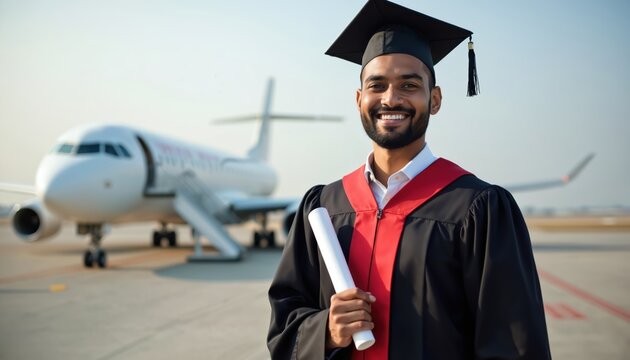 Happy Indian graduate student in cap, gown holds diploma near airplane. Represents international education, studying abroad, scholarships, academic success, future achievements in aviation global