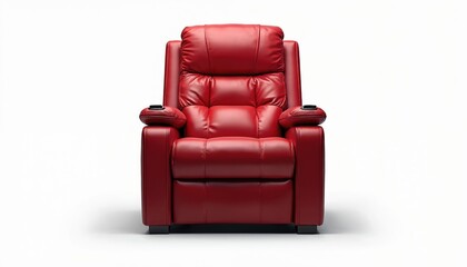 Plush red leather recliner chair offers ultimate comfort, luxury for home theater seating. Features ergonomic design, padded upholstery, integrated cup holders for premium cinema experience at home.