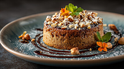 hazelnut cake, sometimes flourlesson a dessert plate placed at the center of a dark textured background, with space around for elegant visual balance. Round brown cake with nut topping
