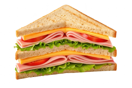 Double decker sandwich with ham and cheese isolated on transparent background
