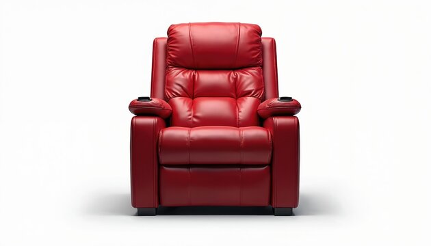 Plush red leather recliner chair offers ultimate comfort, luxury for home theater seating. Features ergonomic design, padded upholstery, integrated cup holders for premium cinema experience at home.