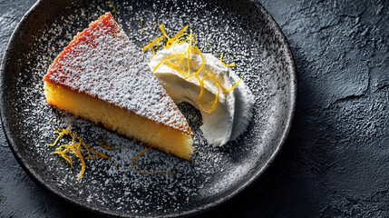 Torta di Riso Rice cake flavored with lemon zest and vanilla, soft and moist inside. Presented on a ceramic black plate 