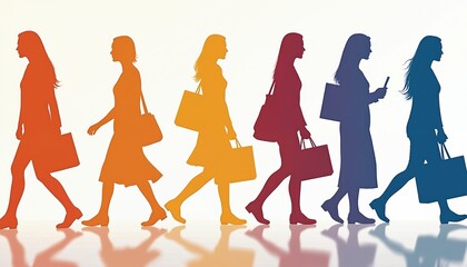Silhouettes of women in colorful outfits walking together. They carry shopping bags, suggesting a theme of consumerism or leisure. Diverse women shown in motion, with pastel gradient background.