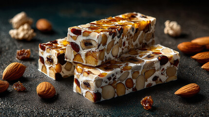 Torrone Nougat with honey, almonds, and egg whites. On  dark table