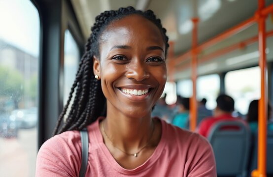 Smiling African senior woman with braided hair enjoys tram ride. Happy passenger travels through city on public transport. Mature woman with African American ethnicity rides tramway, capturing moment