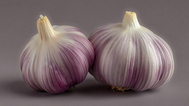 Two raw organic garlic heads, fresh, with distinctive purple stripes, on a neutral background.