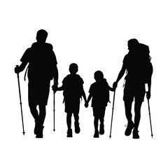 Family hiking together with backpacks and trekking poles on a white background