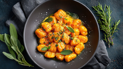 Gnocchi di Zucca Pumpkin gnocchi with butter and sagein a bowl placed at the center of a dark background