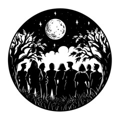 Silhouette of a man and woman couple vector illustration with moon and circular design elements
