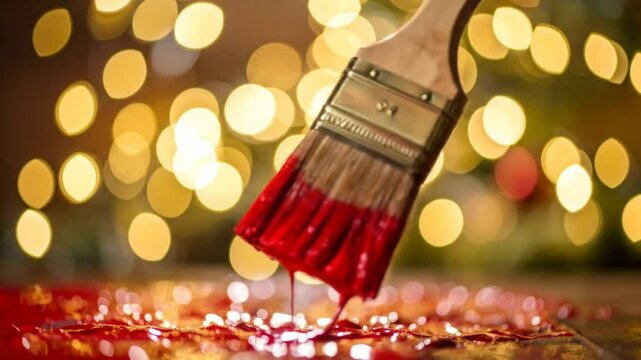 A paint brush with red paint and a bokeh background of yellow lights