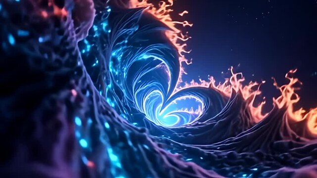 angulate flashing of galvanizing tint irrupt and give into the coil spiral of disturbance muzzy conceptual fractal plasma, where colors of purple and aquamarine explosion the scene,