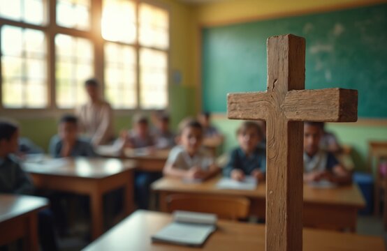 Wooden cross in focus within classroom setting with students blurred in background. Sunlight streams through windows, illuminating scene of learning, faith. Represents religious education,