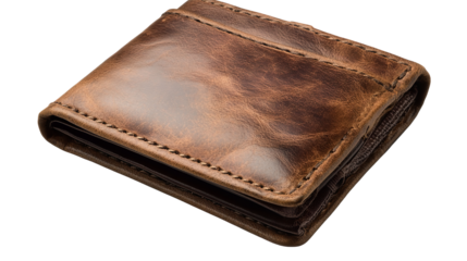 A worn and cherished leather wallet holding untold stories of adventures and daily grind on a on transparent background