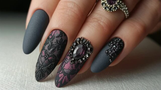 Elegant dark matte nails with ornate jewel and embossed lace art, a luxurious manicure.