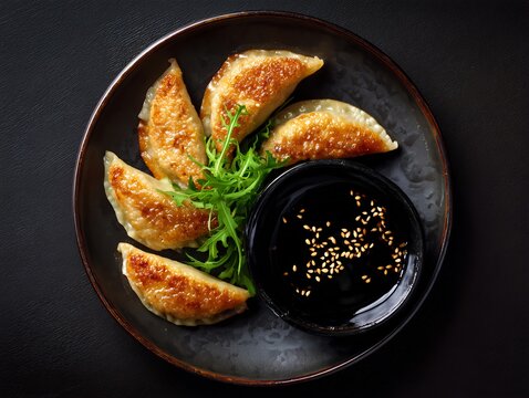 Korean pan fried mandu dumpling crispy golden bottom soy dipping sauce sesame garnish elegant plate