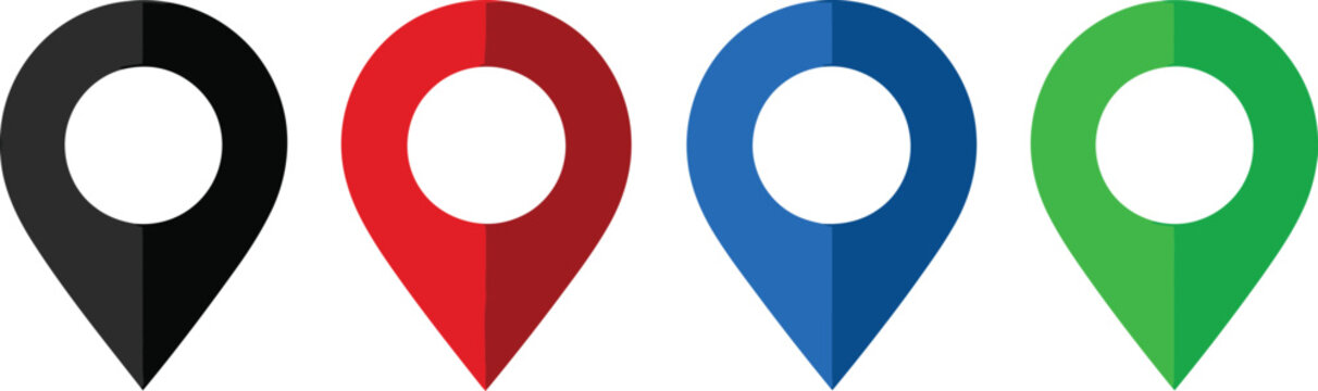 Four colorful map location pins in a row on a white background