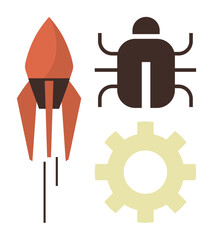 Rocket launching upward, bug shape, and gear cog symbolizing technology, software engineering, progress, debugging, and system design. Ideal for innovation, problem-solving tech advancements