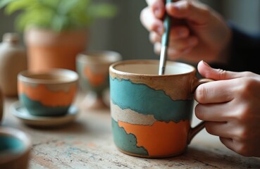 Woman hands paint ceramic mug with brush, detailing rustic, handmade design. Mug features unique blend of teal, beige, orange colors, artisanal craft, creative hobby. Pottery pieces visible in