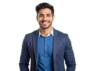 Portrait of a happy young Arab man wearing a blazer and blue t-shirt, smiling at the