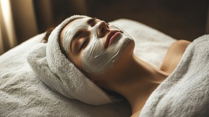 Beautiful and attractive young adult woman receiving professional beauty or skincare treatment with mask. Modern and popular facial care treatment concept. Spa salon.
