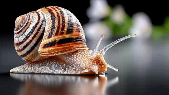 A close-up of a snail with a beautifully patterned shell on a reflective surface, symbolizing nature, patience, and slow living featuring gastropod nuances and mollusk textures
