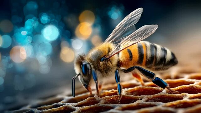 A close-up of a honeybee on honeycomb highlights pollination, biodiversity, and ecology in a vibrant outdoor setting macro photography entomology focus