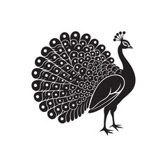 Fototapeta premium Stylish black silhouette of a peacock with detailed feathers - Elegant Black Bird Illustration for Logo, Decoration, and Art Design