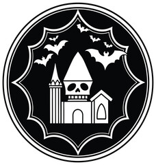 Cartoon medieval fantasy castle town illustration at night with old fortress silhouette symbol