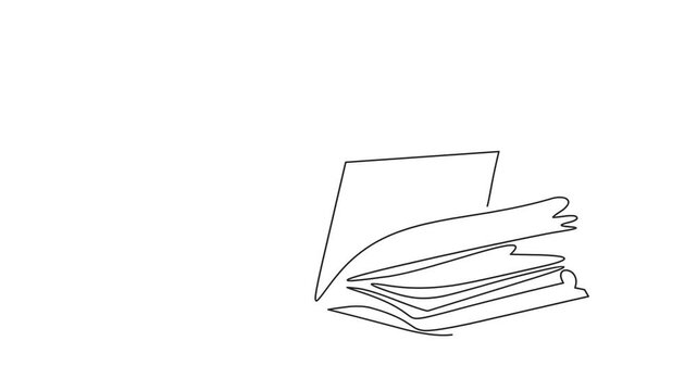 Animated self drawing of continuous line draw of opened book with coffee. Education, relaxation or slow living concept. Full length one line animation. 4K