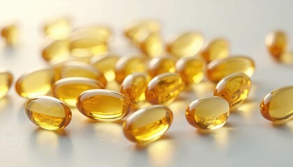 Macro shot of glossy golden oil capsules on clean white background. Transparent oval pills suggest health, wellness, nourishment, representing vitamins fish oil supplements for healthy lifestyle,