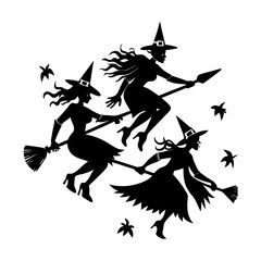 Spooky Halloween vector illustration featuring a scary flying witch silhouette with a monster and...