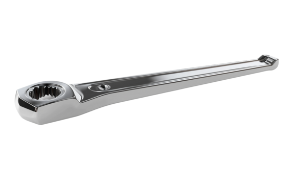Precision chrome ratcheting wrench with closed-loop box end presented in a dynamic angled view isolated on transparent background PNG - Powered by Adobe
