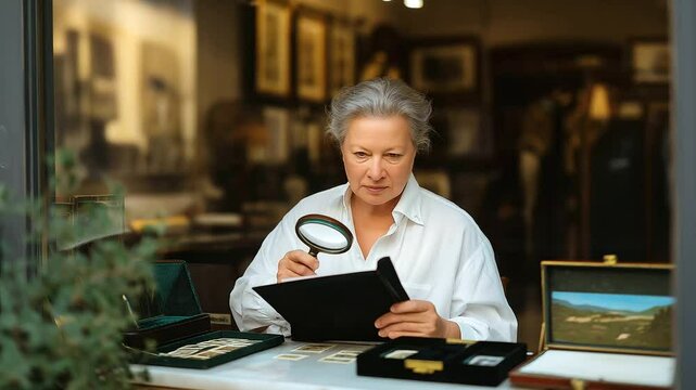 A collector examining vintage stamps with a magnifier