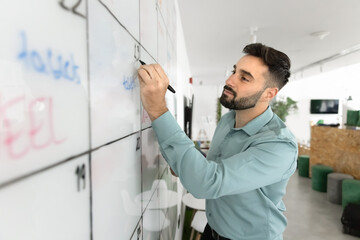 Young focused Hispanic businessman, office employee writing data or to-do list on large white...