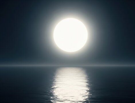 A nighttime ocean reflects heat from a burning moon, lighting up the water surface in golden warmth