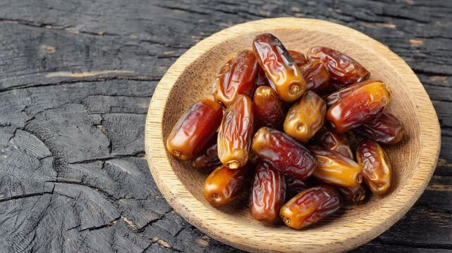Glossy Dates in Wooden Bowl on Charred Wood Surface &ndash; High Contrast Natural Snack Image