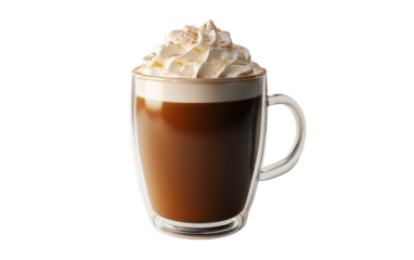Traditional Irish coffee served hot with rich whipped cream topping in a clear glass showcasing classic presentation isolated on transparent background PNG