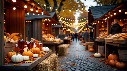 Cozy autumn farmers market scene with pumpkins, fresh bread, and glass bottles on rustic wooden tables under warm string lights, captured on a cobblestone street during golden fall evening
