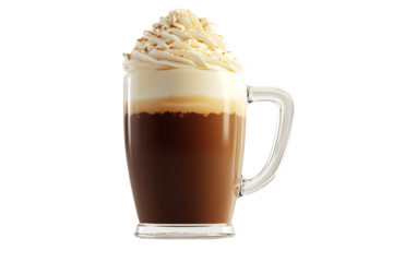 Classic Irish coffee beverage featuring dark brewed coffee layered with creamy whipped topping in elegant form isolated on transparent background PNG