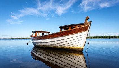 Obraz premium Wooden boat on calm lake, sunny day