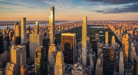 New York at sunset – Aerial view of Manhattan with golden light reflecting off skyscrapers and shadows cast on Central Park.