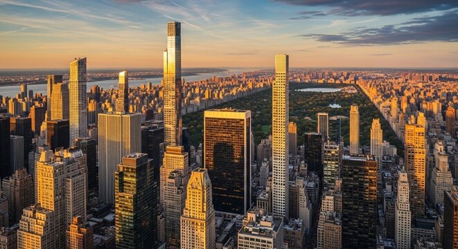 New York at sunset – Aerial view of Manhattan with golden light reflecting off skyscrapers and shadows cast on Central Park. - Powered by Adobe